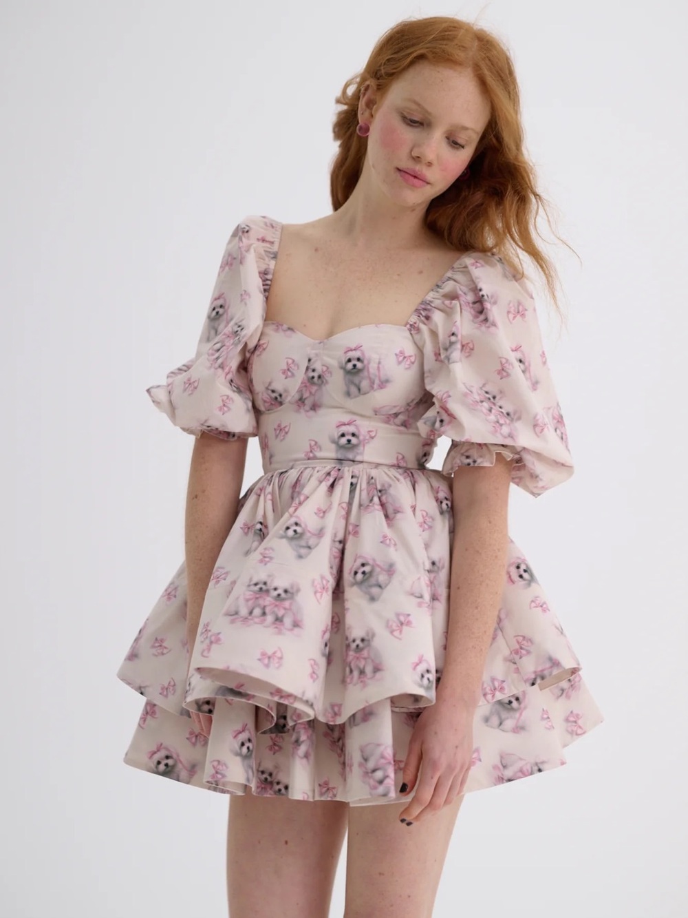 Selkie Pink Puppy & Bow Puff-Sleeve Mini Dress malty vacation